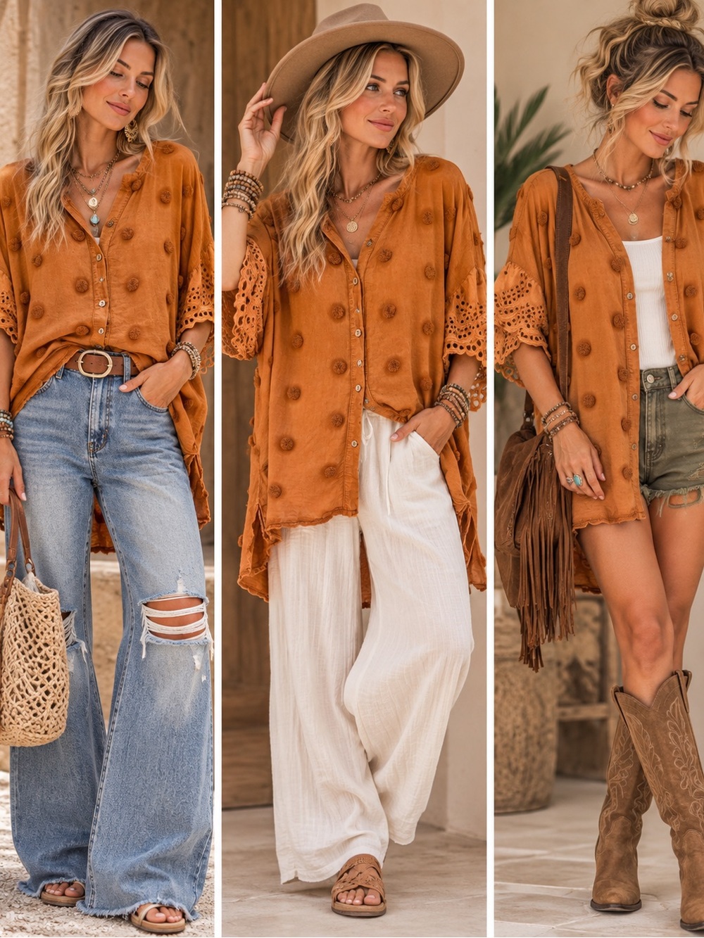 Boho Pom-Pom Button-Front Tunic in Rust